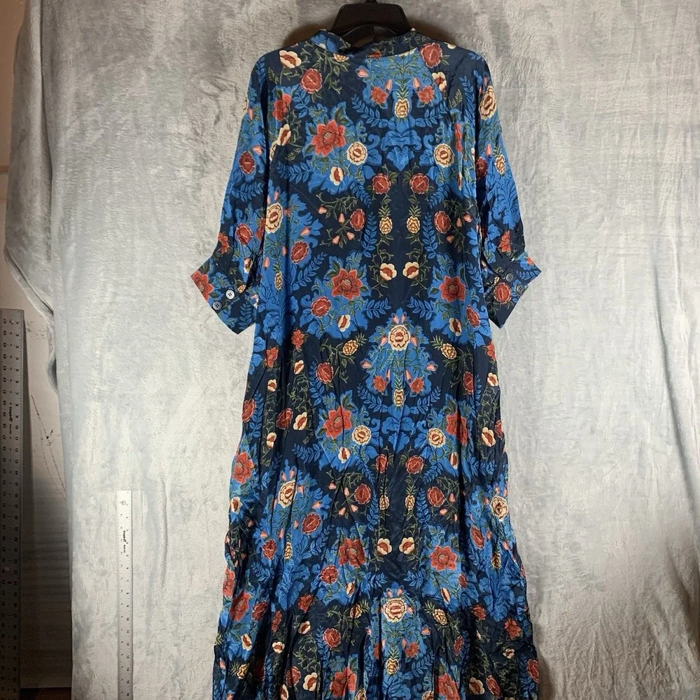 Farm Rio Women's Dress XL Arabesque Floral Blue Maxi Button Shirt‎ 3/4 Sleeve - Picture 10 of 15